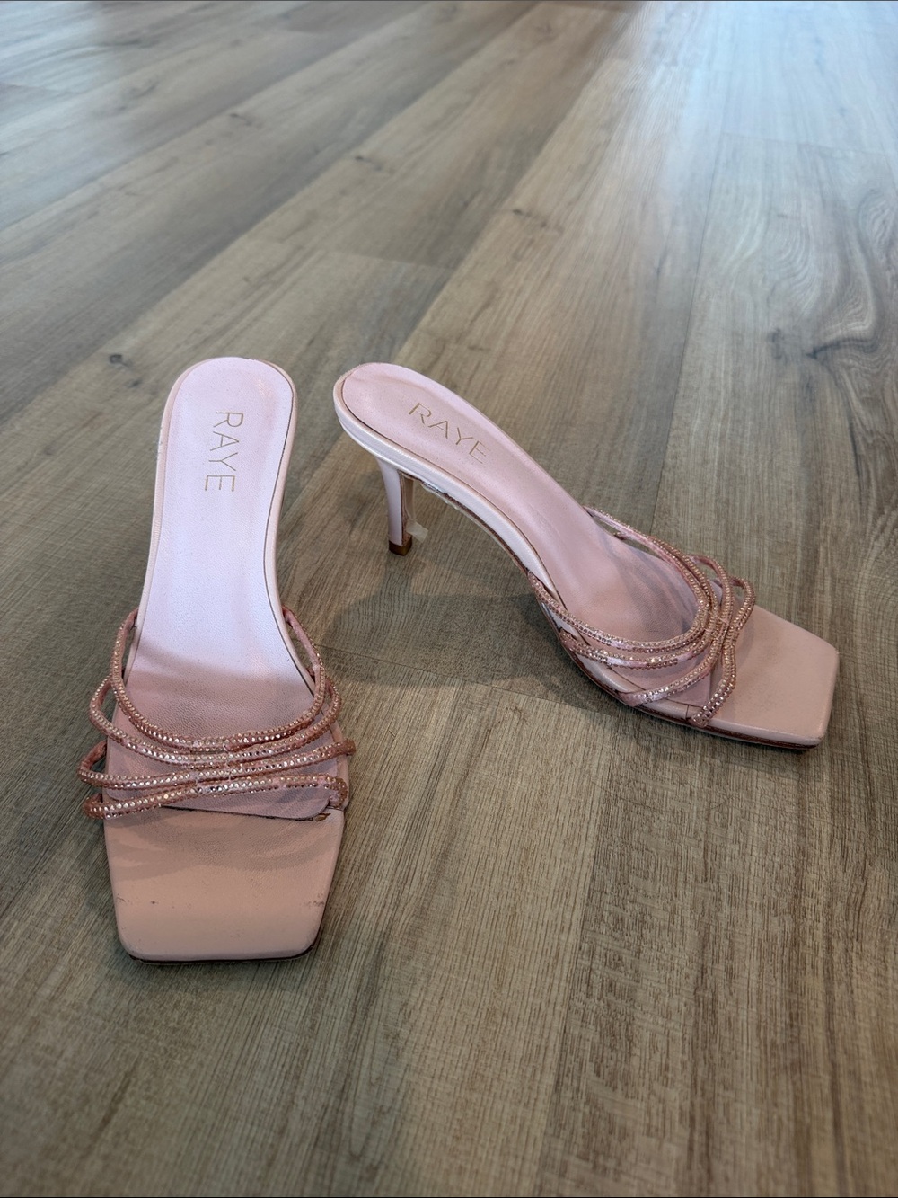 RAYE Blush Pink Beaded Strappy Square-Toe Heeled Mules